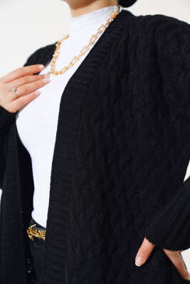 Sepet Örgü Uzun Triko Hırka Siyah - Triko Hırka