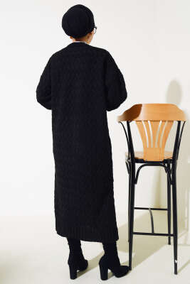 Sepet Örgü Uzun Triko Hırka Siyah - Triko Hırka