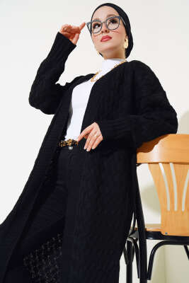 Sepet Örgü Uzun Triko Hırka Siyah - Triko Hırka