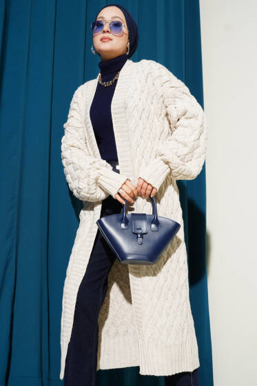 Sepet Örgülü Uzun Triko Hırka Bej - Hırka