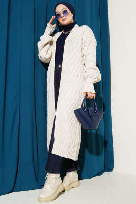 Sepet Örgülü Uzun Triko Hırka Bej - Hırka