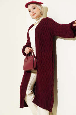 Sepet Örgülü Uzun Triko Hırka Bordo - VANİZA TRİKO