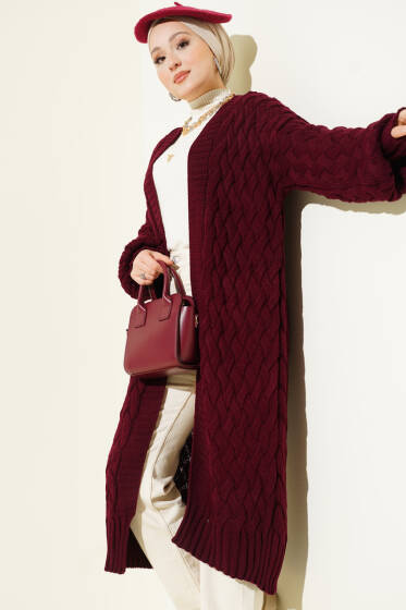 Sepet Örgülü Uzun Triko Hırka Bordo - Hırka