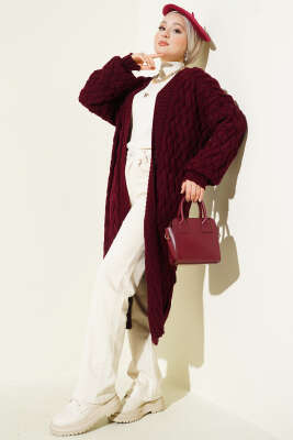 Sepet Örgülü Uzun Triko Hırka Bordo - Hırka