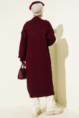 Sepet Örgülü Uzun Triko Hırka Bordo - Hırka