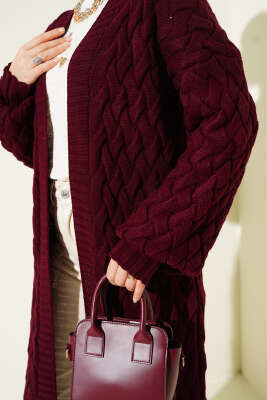 Sepet Örgülü Uzun Triko Hırka Bordo - Hırka