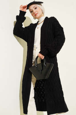 Sepet Örgülü Uzun Triko Hırka Siyah - VANİZA TRİKO