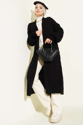 Sepet Örgülü Uzun Triko Hırka Siyah - Hırka