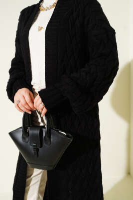 Sepet Örgülü Uzun Triko Hırka Siyah - Hırka