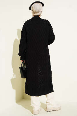 Sepet Örgülü Uzun Triko Hırka Siyah - Hırka