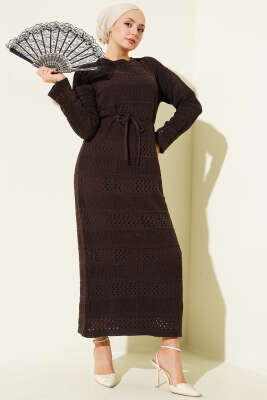 Şerit Ajur Desen Triko Elbise Acı Kahve - Elbise