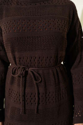 Şerit Ajur Desen Triko Elbise Acı Kahve - Elbise