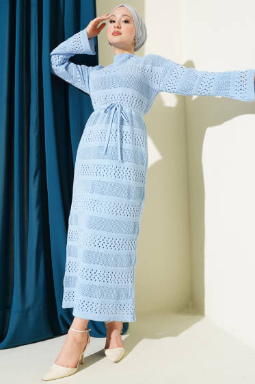 Şerit Ajur Desen Triko Elbise Bebe Mavi - Elbise
