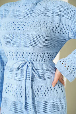 Şerit Ajur Desen Triko Elbise Bebe Mavi - Elbise