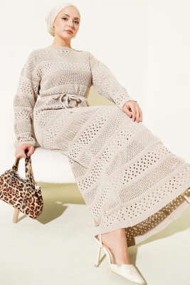 Şerit Ajur Desen Triko Elbise Bej - RAFİMİX