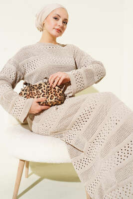 Şerit Ajur Desen Triko Elbise Bej - Elbise