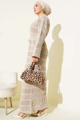 Şerit Ajur Desen Triko Elbise Bej - Elbise