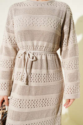 Şerit Ajur Desen Triko Elbise Bej - Elbise