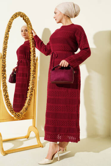 Şerit Ajur Desen Triko Elbise Bordo - 300-500 TL Ürünler