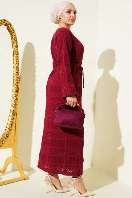 Şerit Ajur Desen Triko Elbise Bordo - 300-500 TL Ürünler