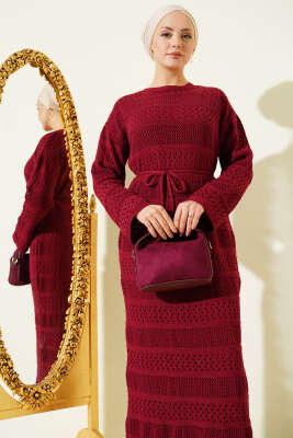 Şerit Ajur Desen Triko Elbise Bordo - Elbise