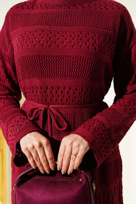 Şerit Ajur Desen Triko Elbise Bordo - Elbise