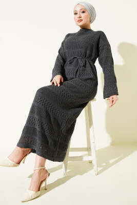 Şerit Ajur Desen Triko Elbise Füme - Elbise