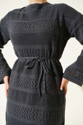 Şerit Ajur Desen Triko Elbise Füme - Elbise