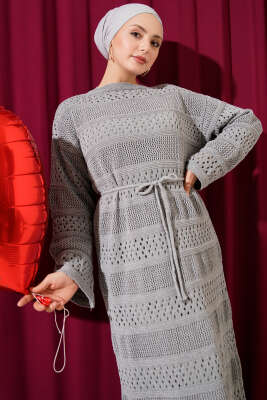 Şerit Ajur Desen Triko Elbise Gri - Elbise