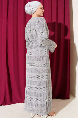 Şerit Ajur Desen Triko Elbise Gri - Elbise