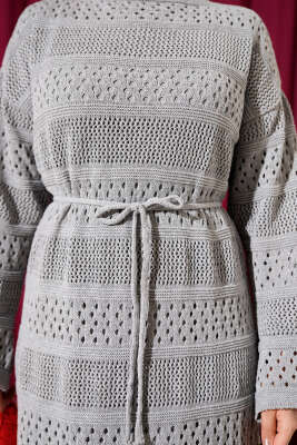 Şerit Ajur Desen Triko Elbise Gri - Elbise