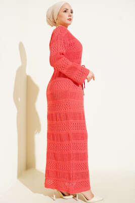 Şerit Ajur Desen Triko Elbise Gül Kurusu - Elbise