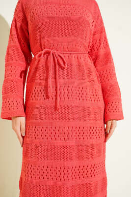 Şerit Ajur Desen Triko Elbise Gül Kurusu - Elbise