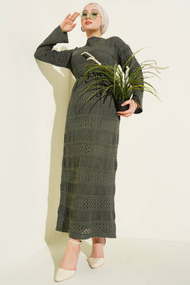 Şerit Ajur Desen Triko Elbise Haki - Elbise