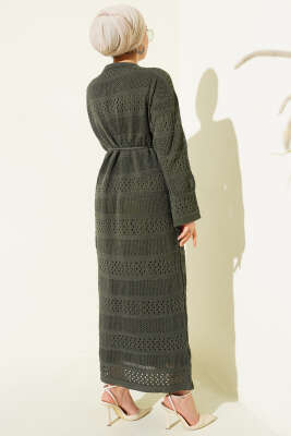 Şerit Ajur Desen Triko Elbise Haki - Elbise