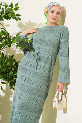 Şerit Ajur Desen Triko Elbise Mint - 300-500 TL Ürünler