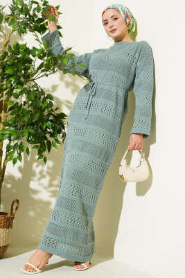 Şerit Ajur Desen Triko Elbise Mint 