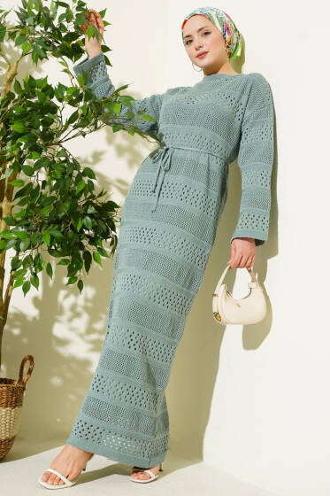 Şerit Ajur Desen Triko Elbise Mint - Elbise