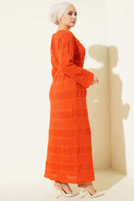 Şerit Ajur Desen Triko Elbise Oranj - 300-500 TL Ürünler