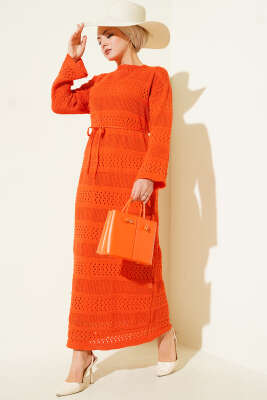Şerit Ajur Desen Triko Elbise Oranj - RAFİMİX