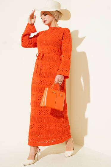 Şerit Ajur Desen Triko Elbise Oranj - Elbise