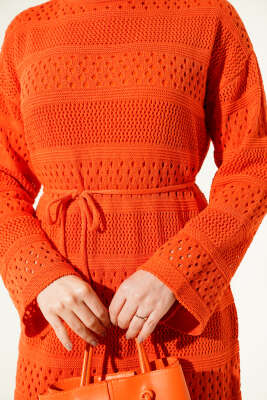 Şerit Ajur Desen Triko Elbise Oranj - Elbise