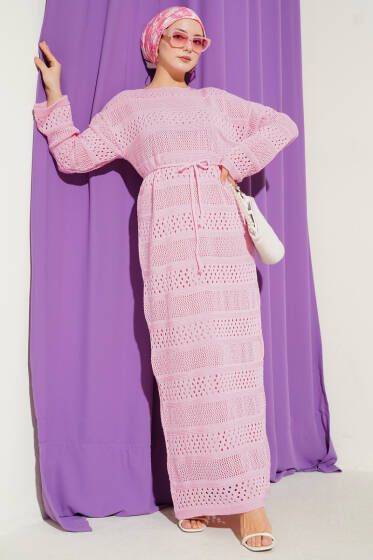 Şerit Ajur Desen Triko Elbise Pembe - Elbise