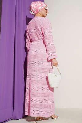 Şerit Ajur Desen Triko Elbise Pembe - Elbise