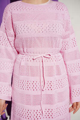 Şerit Ajur Desen Triko Elbise Pembe - Elbise