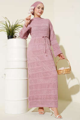 Şerit Ajur Desen Triko Elbise Pudra 