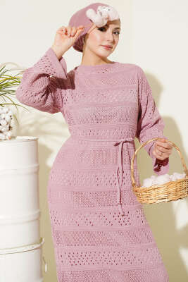 Şerit Ajur Desen Triko Elbise Pudra - Elbise