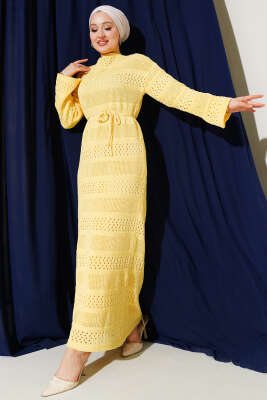 Şerit Ajur Desen Triko Elbise Sarı - RAFİMİX