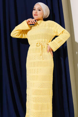 Şerit Ajur Desen Triko Elbise Sarı - Elbise