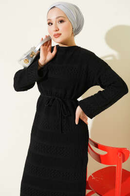 Şerit Ajur Desen Triko Elbise Siyah - Elbise